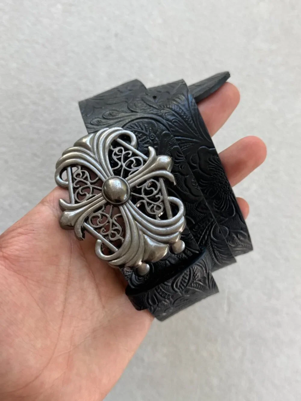 Black Floral Embossed Gothic Filigree Cross Belt